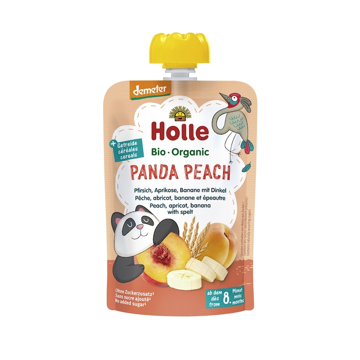 Panda Peach - Piure de piersici, caise si banane, cu fulgi de grau spelta ECO 100g