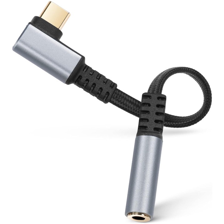 Аудио адаптер за телефон, Axroad Mall, USB тип C - 3,5 мм жак, цифрово декодиране на DAC чип, допълнителен кабел за слушалки, съвместим с HUAWEI / Samsung / XiaoMi / iPhone 15 серия, алуминиева сплав, 13 см, сиво/златно