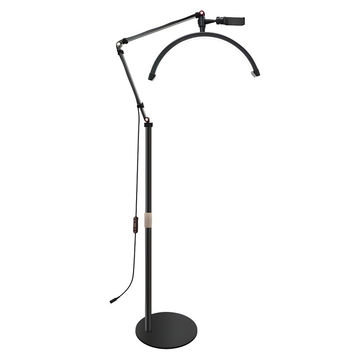 Lampa Profesionala LED Semiluna, 20W, 100cm, pentru Gene, Makeup, Cosmetica, Rotire 360°, Telecomanda, Suport Telefon, Lumina Calda, Rece, Neutra, Inaltime Ajustabila