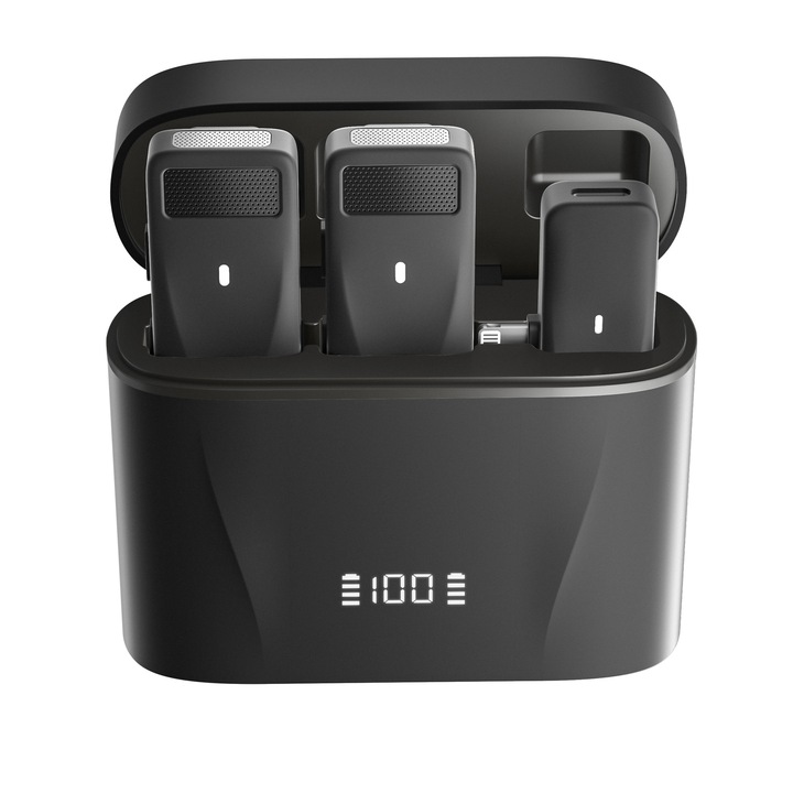 Комплект от 2 микрофона Lavalier, DicBoste, Type C и iPhone, намаляване на околния шум, кутия за зареждане с цифров дисплей, черен