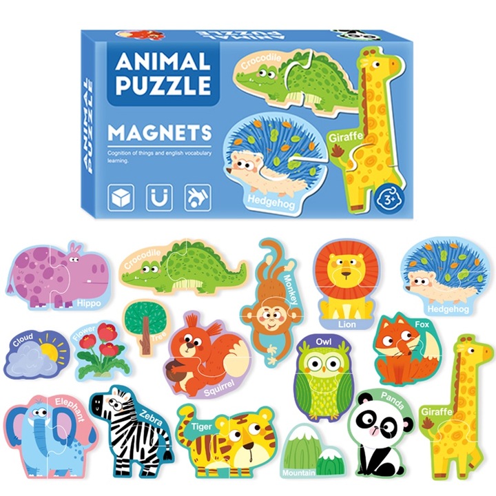 Puzzle magnetic cu animale, 13 puzzle-uri cu animale, animale colorate, magnet de frigider pentru animale mari, set de jucarii educationale, joc de ortografie, potrivit pentru copiii de 3-5 ani