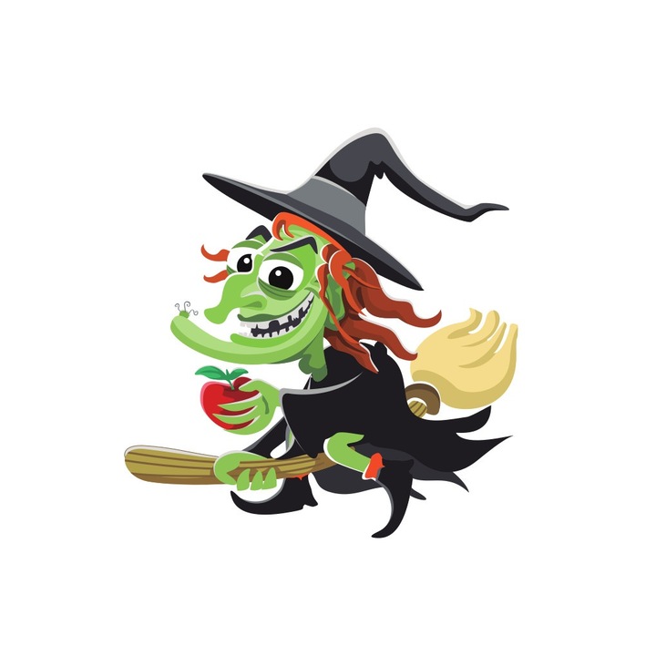 Изображение за термотрансфер, г-жа Вещица, 120 мм x 120 мм, дизайн за тениски, DTF трансфери, за Хелоуин, многоцветен