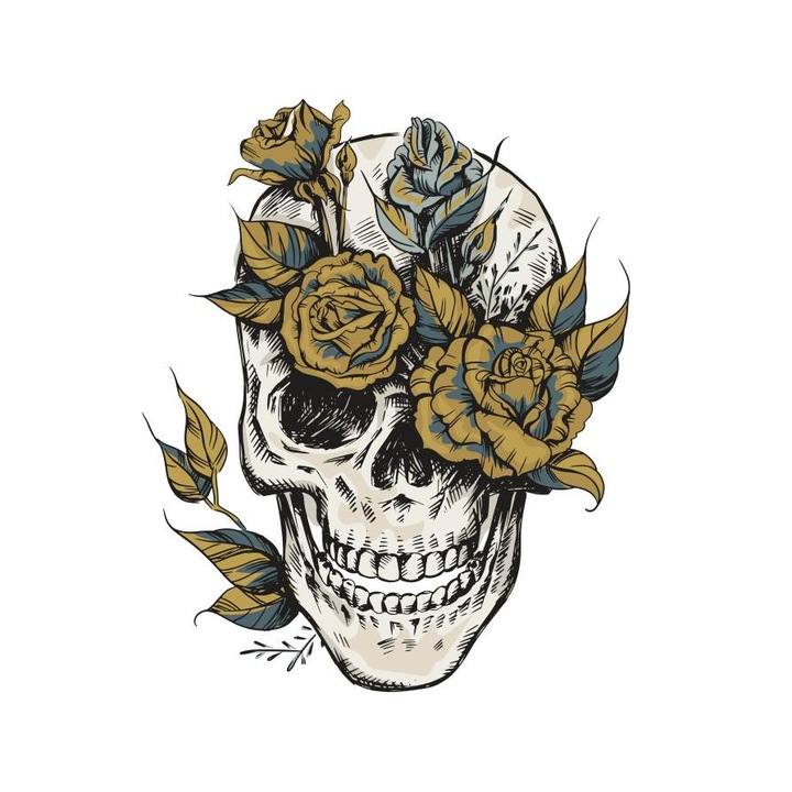 Имидж трансфер за текстил, Череп с рози, 180x180мм, многоцветен