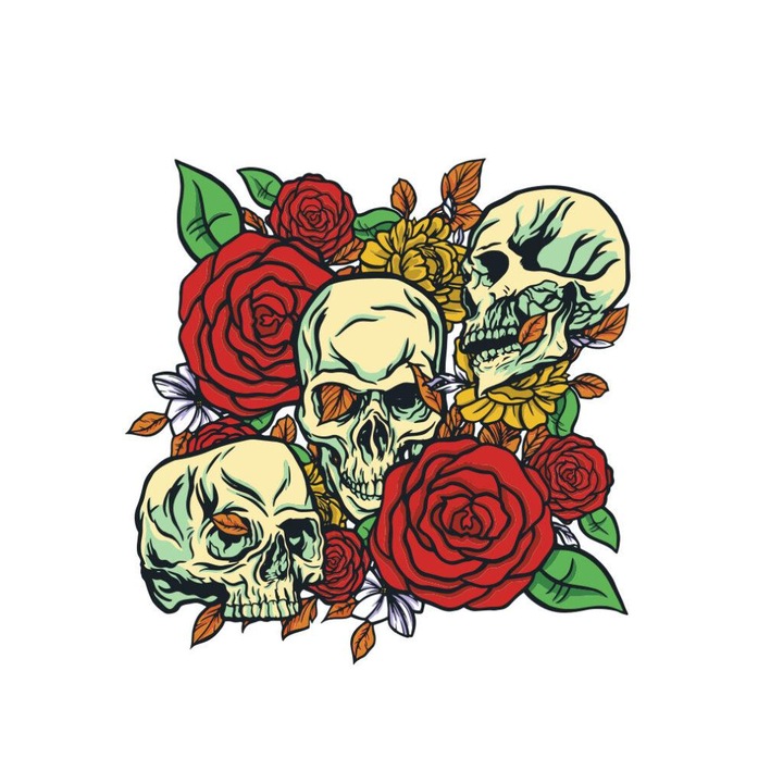 Transfer DTF, дизайн череп с рози, 150 мм x 150 мм, за текстил, многоцветен