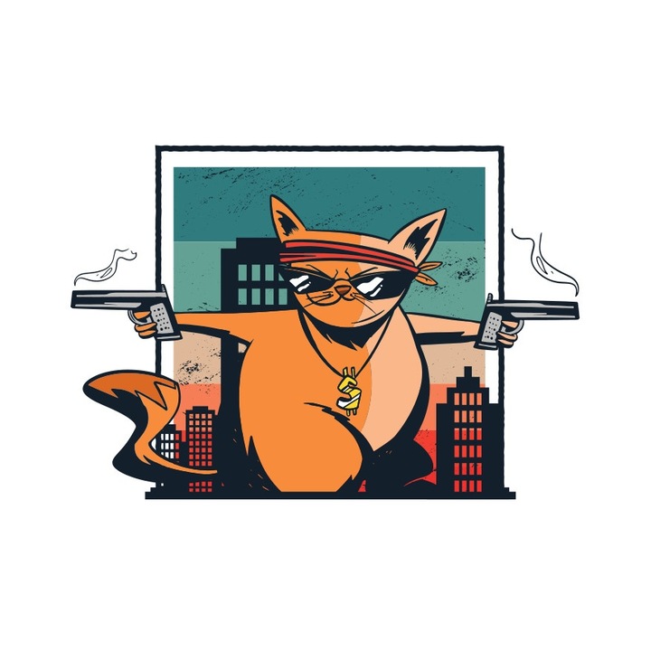 DTF трансфер, Котката с пистолет, 150x150мм, за текстил, многоцветен