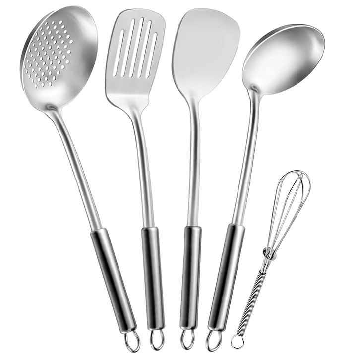 Set 5 Ustensile de Bucatarie, BYONDSELF®, cu Tel, Otel Inoxidabil, Termorezistente, Argintiu