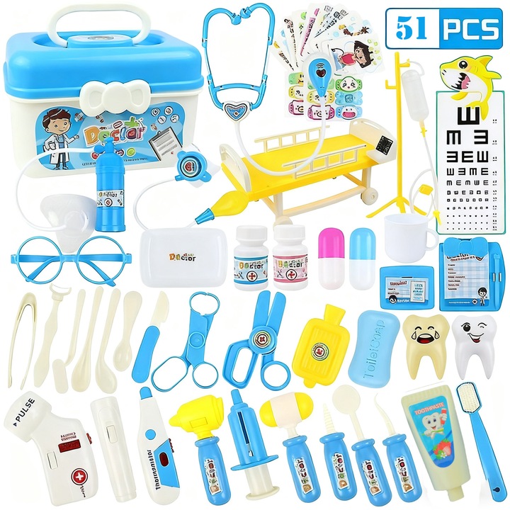 Set Joaca Doctor, BYONDSELF®, 51 Piese, cu Valiza pentru Depozitare, Include Trusa Dentist, Stetoscop, Termometru, Seringa, Pentru Jocul de Rol al Medicului, 3 Ani+