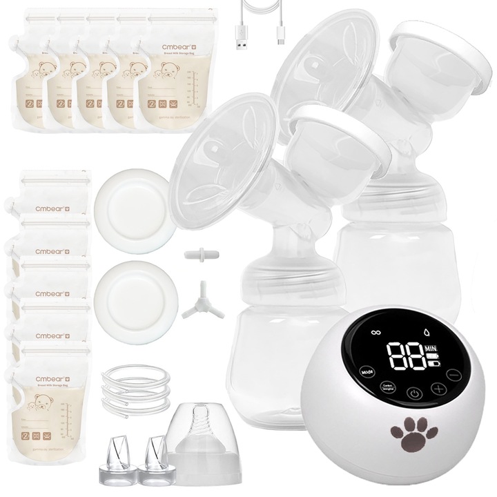 Двойна електрическа помпа за кърма, BYONDSELF, 3 режима, 9 нива, без BPA, 180 ml, ниско ниво на шум, с 10 торбички за съхранение на мляко/антирефлуксна клапа/силиконова купа/2 USB-C кабела, бяла