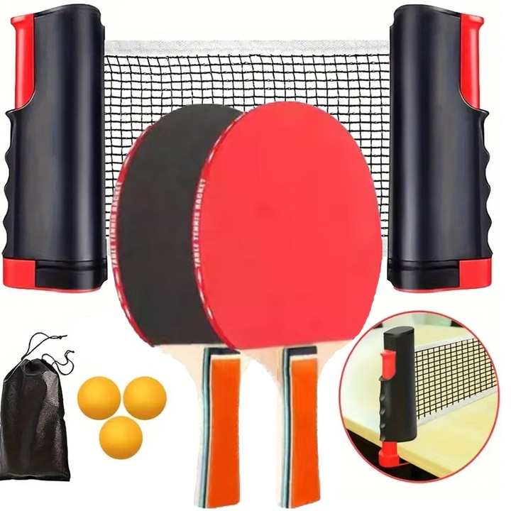 Set 7 Complet de Ping Pong, SINBINTA, 2 Palete tenis de masa, 3 mingi, fileu retractabil si geanta transport, design ergonomic, pentru competitii de antrenament sportive in aer liber, Lemn/Plastic, Rosu/Negru