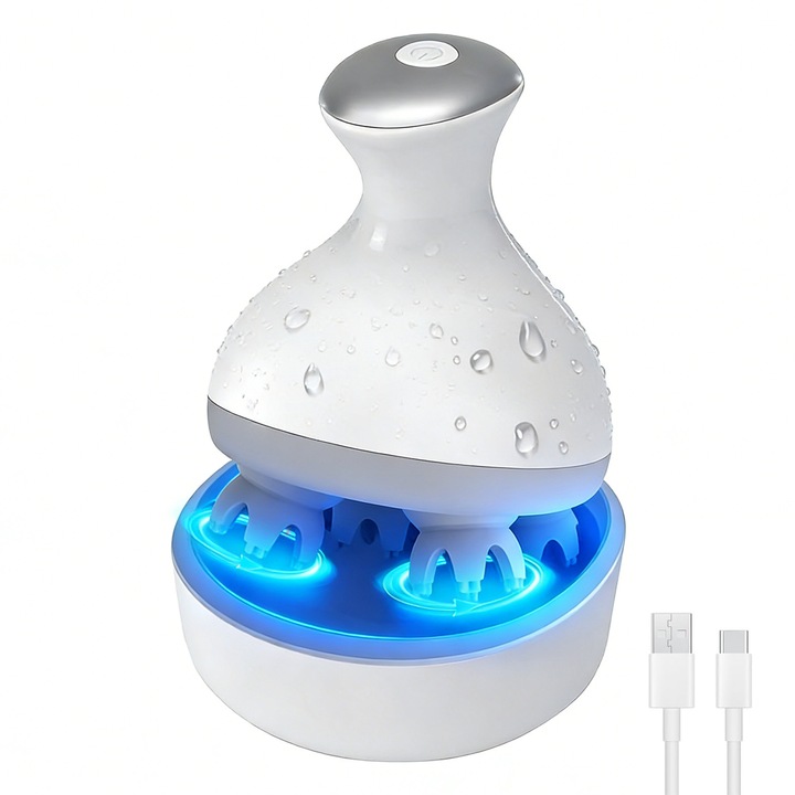 Aparat Pentru Masaj Capilar, SINBINTA, Rezistent la apa, Cu 84 noduri flexibile de silicon, 4 Viteze, 1200mAh, Stimularea cresterii parului, Imbunatitirea circulatiei, Relaxarea scalpului si reducerea stresului, ABS, 140x110x110mm, Alb