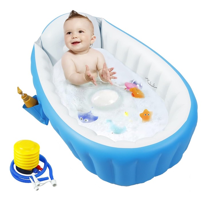 Бебешка вана, SINBINTA, Надуваема вана за бебета и деца, С отвори за оттичане и джоб, Крачна помпа, Неплъзгаща се, Сгъваема, Ергономичен дизайн, Лесна за почистване и употреба, PVC, 98X65X28см, Синя