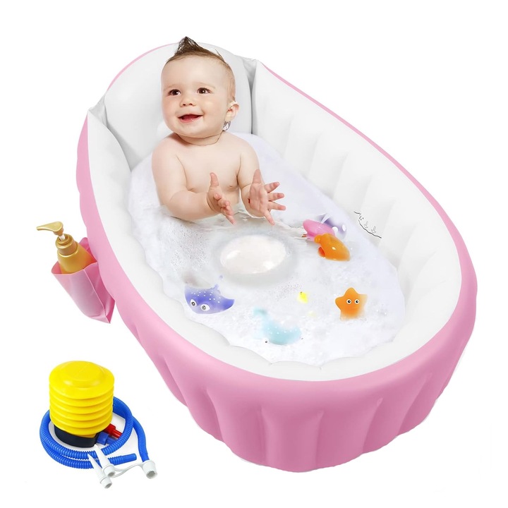 Бебешка вана, SINBINTA, Надуваема вана за бебета и деца, С отвори за източване на водата и джоб, Помпа с крак, Противоплъзгащи, Сгъваема, Ергономичен дизайн, Лесна за почистване и употреба, PVC, 98X65X28cm, Розов