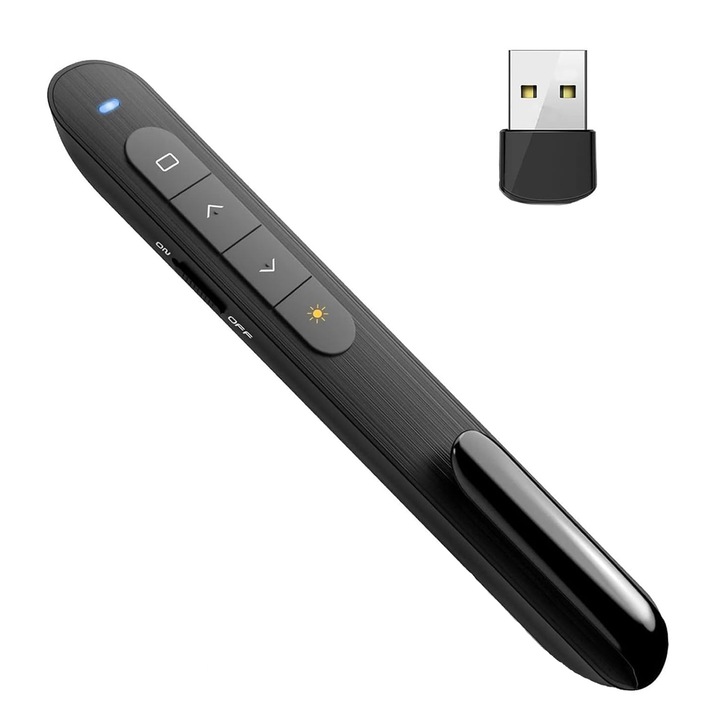 Prezentator Wireless, SINBINTA, Pointer Laser, Cu 1 baterie AAA si receptor USB A, Raza de actiune 100/200m, Compatibil windows, mac os, android, Pentru predare, birou, conferinta, ABS/Silicon, 148x20x15mm, Negru