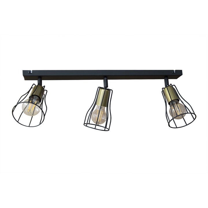 Lampa de tavan 3x60W negru cu elemente aurii cu abajururi din sarma