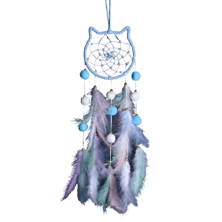 Wisolt® Girlish Dream Catcher függő dekoráció, macskafej fazon, tollas, kék