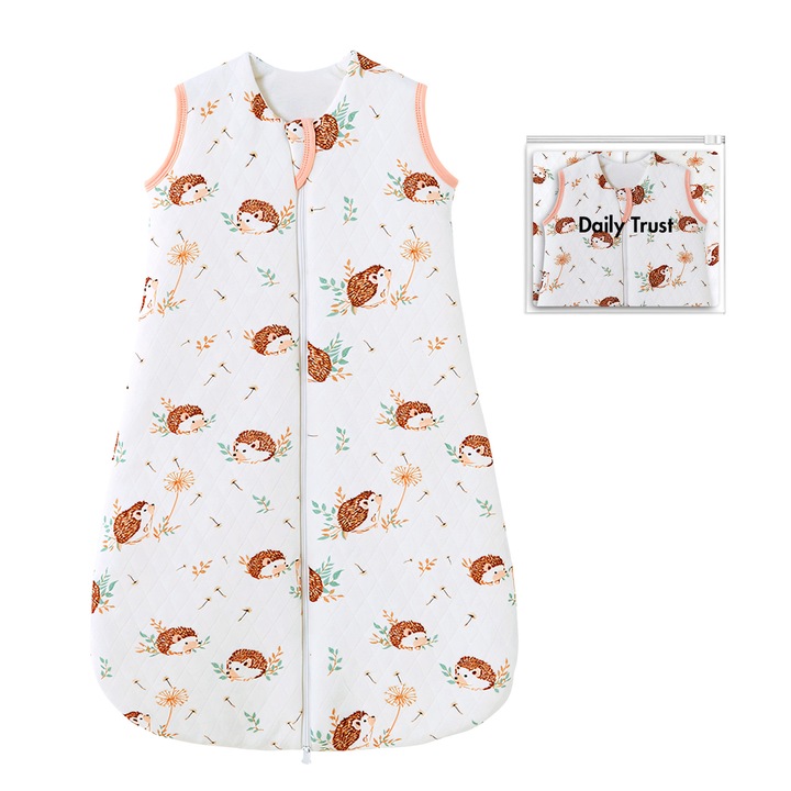 Sac de dormit pentru bebelusi, 100% bumbac, 1.0TOG, model cu arici, 78cm, pentru 6-18 luni, potrivit pentru toate sezoanele, roz