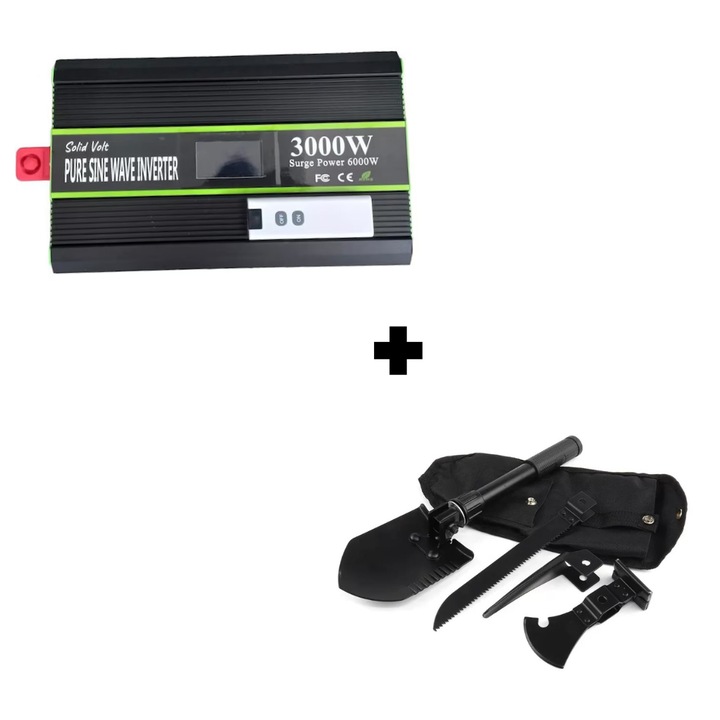 Set Invertor sinus pur, 3000W putere continua/6000W putere de varf Solid Volt, unda pura, 24V-220V si si lopata pliabila multifunctionala 4-in-1 de inalta calitate, dimensiune 33.5 cm
