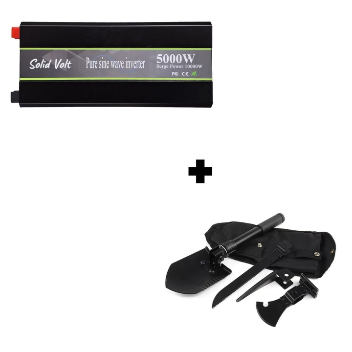 Set Invertor sinus pur, 5000W putere continua/10000W putere de varf Solid Volt, unda pura, 24V-220V si si lopata pliabila multifunctionala 4-in-1 de inalta calitate, dimensiune 33.5 cm