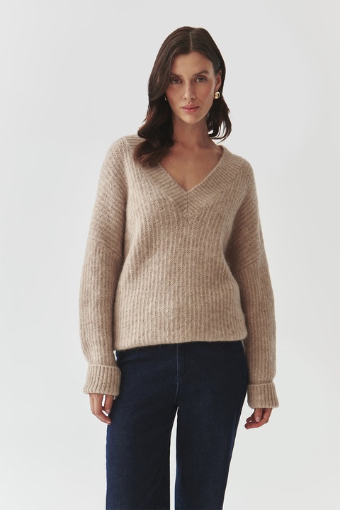 Tatuum, Pulover din amestec de lana si mohair cu decolteu in V, Maro deschis melange, S