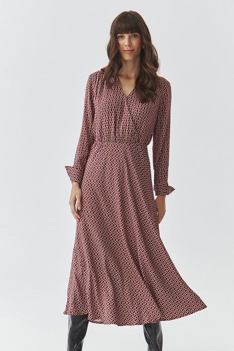 Tatuum, Rochie cu model si decolteu in V, Visiniu/Bej/Albastru