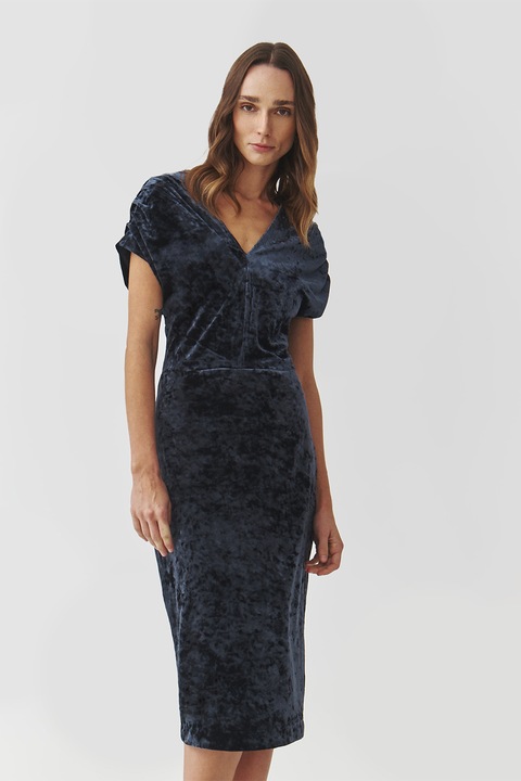 Tatuum, Rochie din catifea cu decolteu in V, Bleumarin, XS