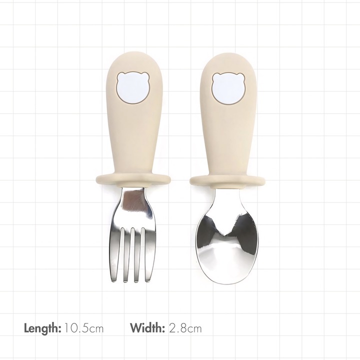 2 бр детски прибори с мече, вилица/лъжица, 316 неръждаема стомана, хранителен силикон, бежов