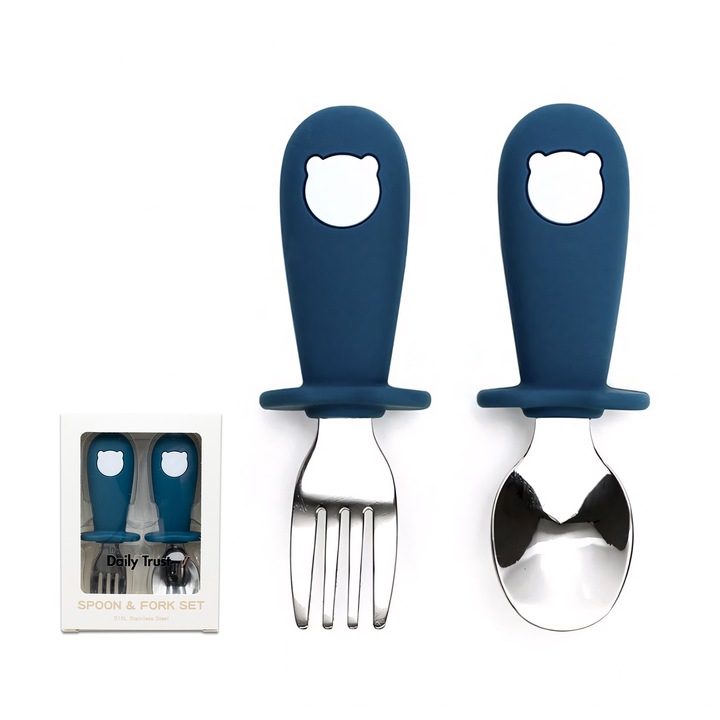 2 бр детски прибори с мече, вилица/лъжица, 316 неръждаема стомана, хранителен силикон, тъмносин