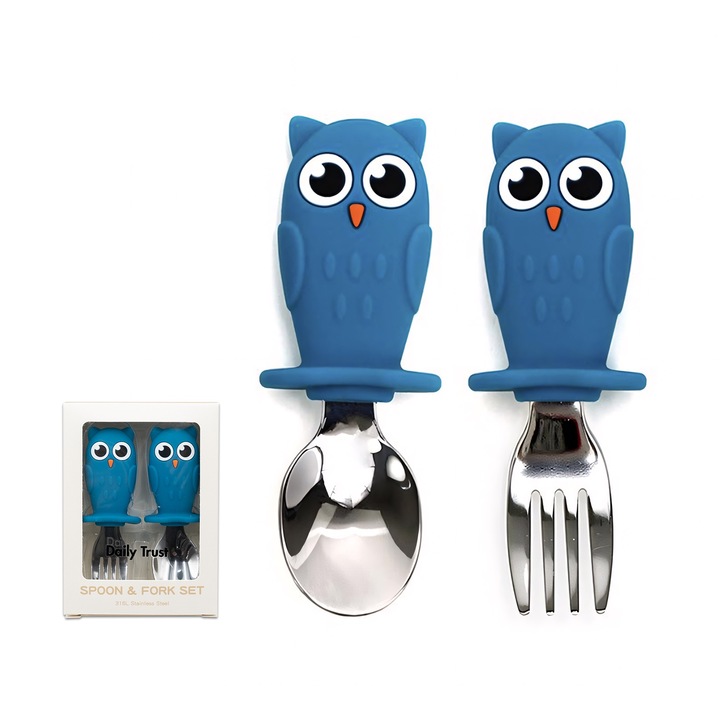 Детски прибор за хранене с форма на сова, вилица и лъжица, силикон за храна, 316L неръждаема стомана, син