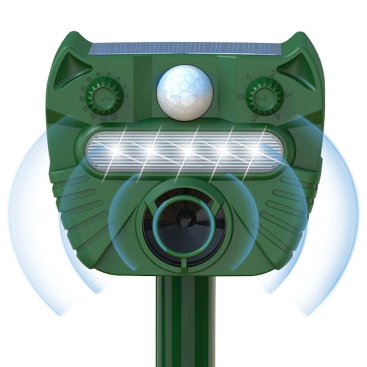 Repelent solar pentru animale EqiEch, cu senzor de miscare, 5 moduri, waterproof, 11.8x6.7x39.5cm