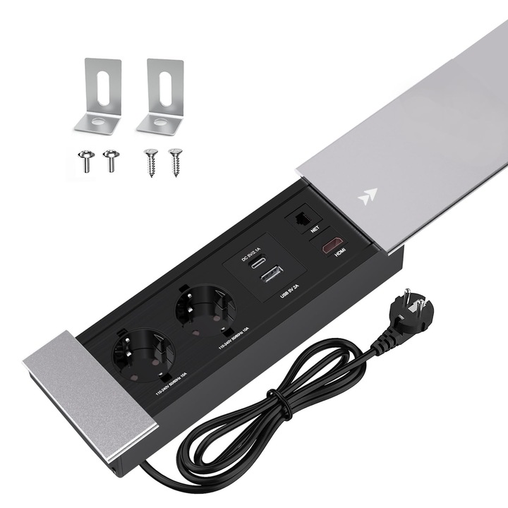 Настолен контакт, вграден контакт с 2 гнезда + USB + тип C PD18W + HDMI TD мрежов интерфейс, алуминиев плот, плъзгащ се капак, нечуплив контакт, WALALLA, кабел 1.8 м, сребрист, 28x7x6см