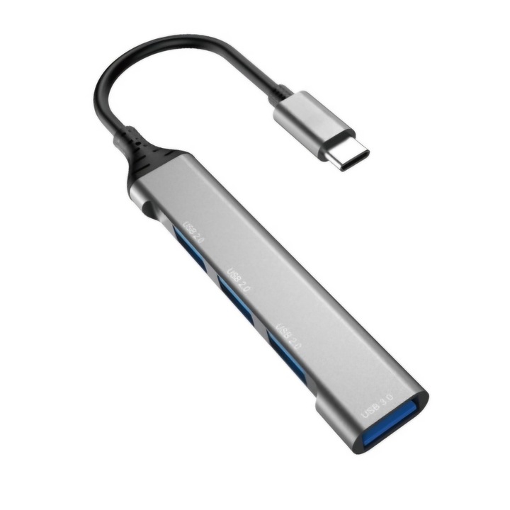 HUB Adaptor 4 in 1 USB-C, 4x USB-A 2.0/3.0, 6.3cm, Aluminiu, Gri