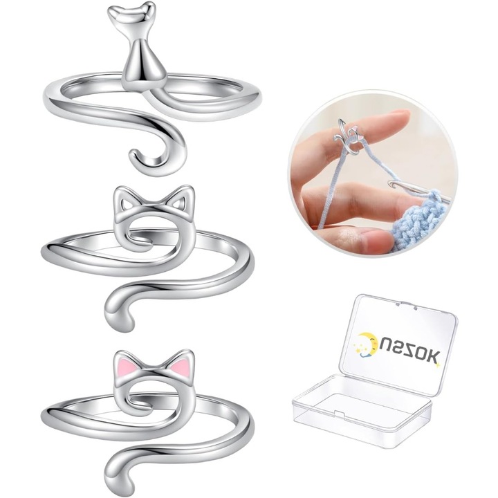 Set 3 inele de crosetat argintii, Special MR, design ajustabil, cu cutie portabila