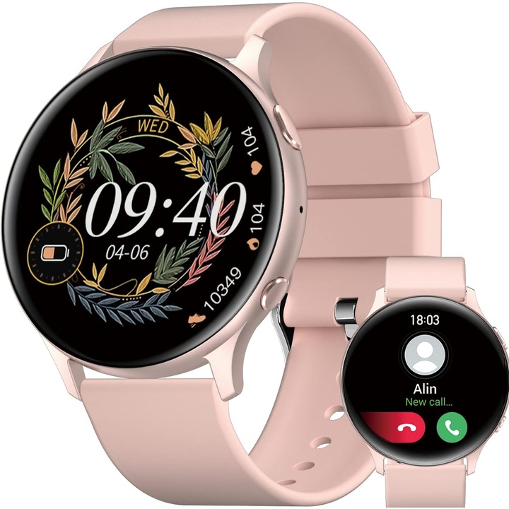 BSGWatch® Okosóra, 1,32'' érintőképernyős HD 360*360 kijelző, 20+ sportmód, Ip67 vízálló, pulzusmérő / alvásfigyelő / lépésszámláló / kalória, aktivitásmérő, Momento Apel, lépésszámláló, román nyelv, rózsaszín