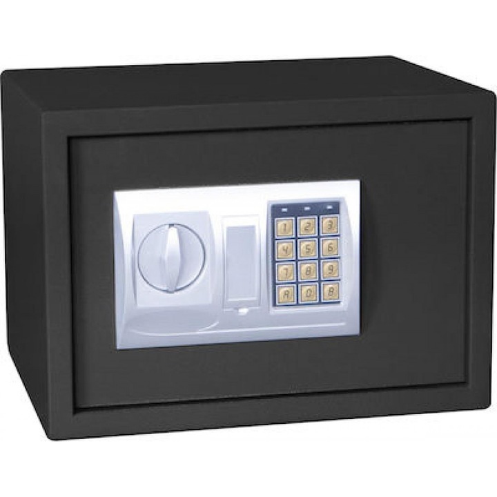 Seif din otel cu inchidere electronica si cheie Powertech PT-1193, 35x25x25cm, Negru