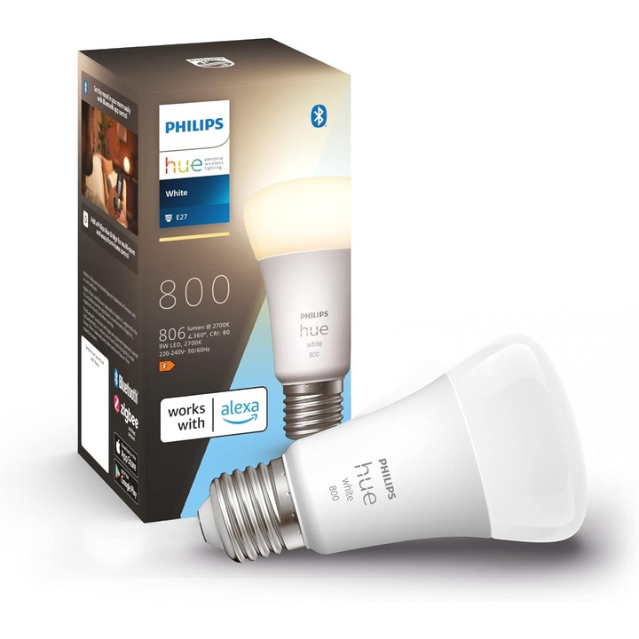 Bec LED inteligent Philips Hue, Bluetooth, Zigbee, A60, E27, 9W (75W), 800 lm, lumina alba calda (2700K), clasa energetica F