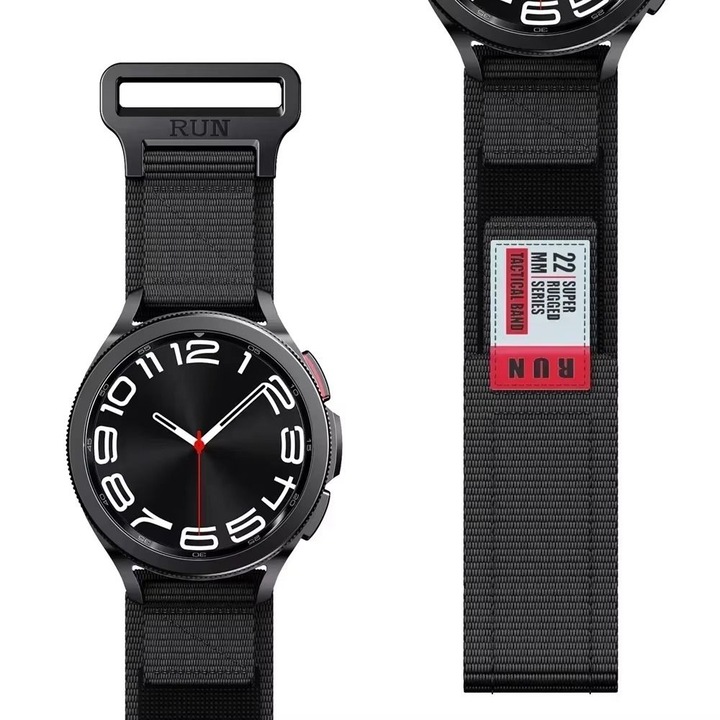 Curea din nylon compatibila cu Huawei Watch GT2 2E GT3 GT4 GT5 GT 2 3 4 5 46mm 48mm Pro, Samsung Galaxy Watch 46mm, Watch 3 45mm, Gear S3 Classic / Frontier, negru, 22mm