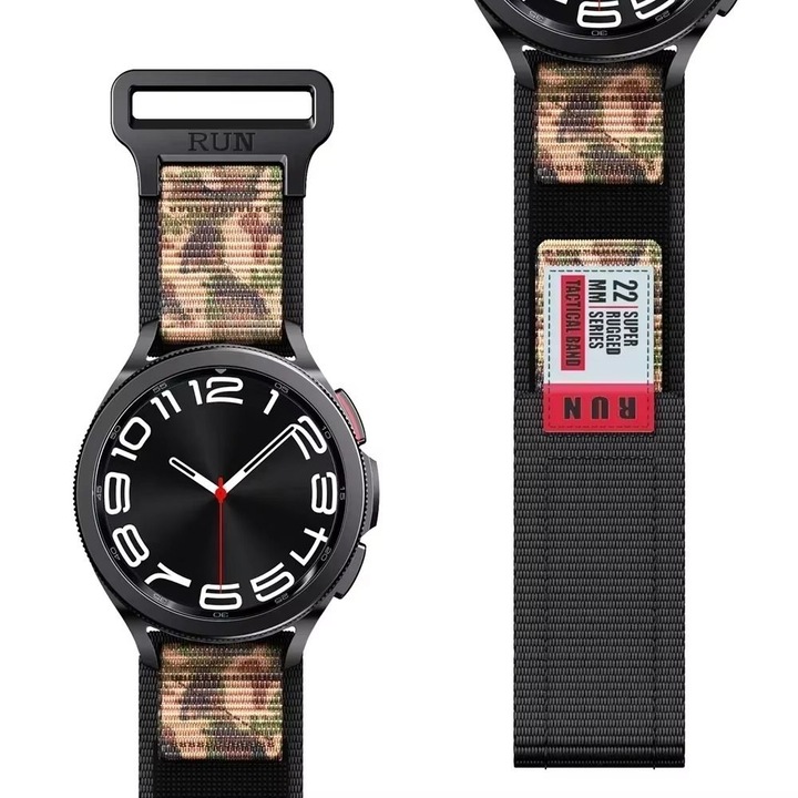 Curea din nylon compatibila cu Huawei Watch GT2 2E GT3 GT4 GT5 GT 2 3 4 5 46mm 48mm Pro, Samsung Galaxy Watch 46mm, Watch 3 45mm, Gear S3 Classic / Frontier, negru/camuflaj, 22mm