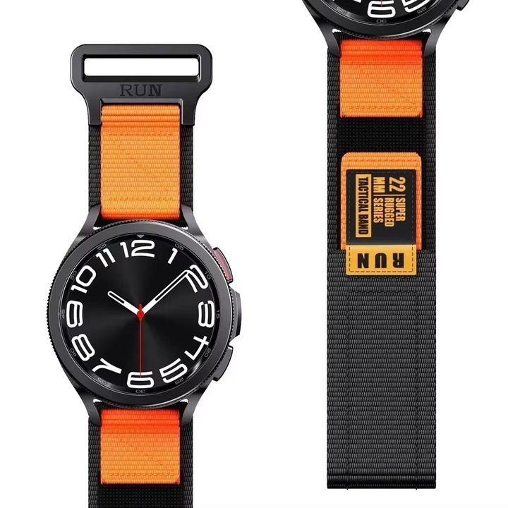 Curea din nylon compatibila cu Huawei Watch GT2 2E GT3 GT4 GT5 GT 2 3 4 5 46mm 48mm Pro, Samsung Galaxy Watch 46mm, Watch 3 45mm, Gear S3 Classic / Frontier, portocaliu / negru, 22mm
