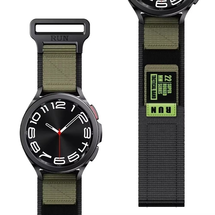 Curea din nylon compatibila cu Huawei Watch GT2 2E GT3 GT4 GT5 GT 2 3 4 5 46mm 48mm Pro, Samsung Galaxy Watch 46mm, Watch 3 45mm, Gear S3 Classic / Frontier, verde / negru, 22mm