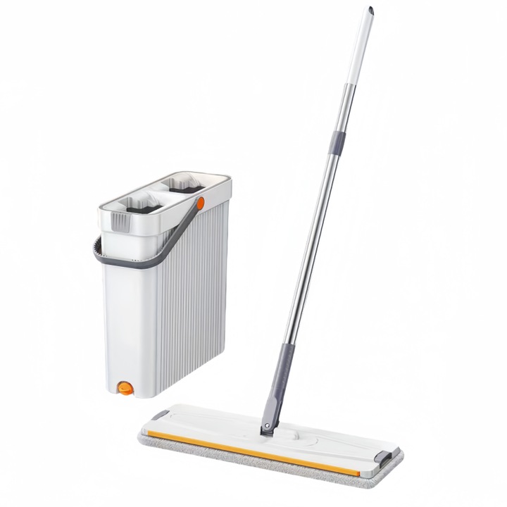 Set mop cu galeata, plastic, mop cu maner telescopic, galeata cu 2 compatimente, 4 rezerve mop incluse, alb/gri, 34x12x41cm