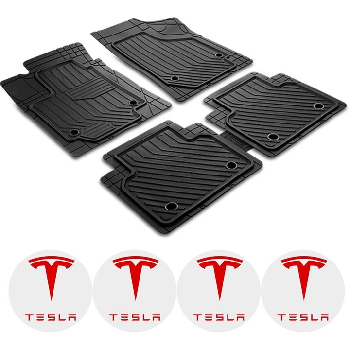 Set 5 covorase auto universale compatibile Tesla Model 3 Fastback din 2017 - prezent, sedan si 4 stickere auto Tesla