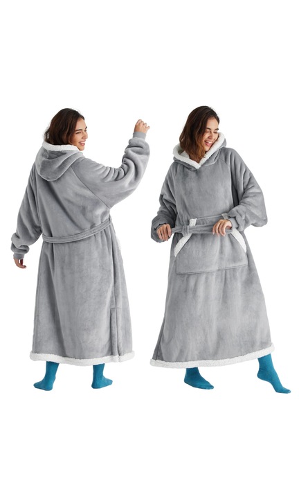 Pijamale, patura din piele de oaie cu gluga cu buzunare mari si talie, 150cm, gri