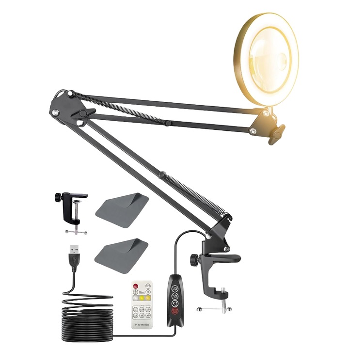 LED kozmetikai lámpa 10X-15X nagyítóval, állítható fény 3 meleg/hideg fehér színben, szabályozható, távirányítóval, állítható kar satu markolattal, sminkhez, manikűrhöz, tetováláshoz