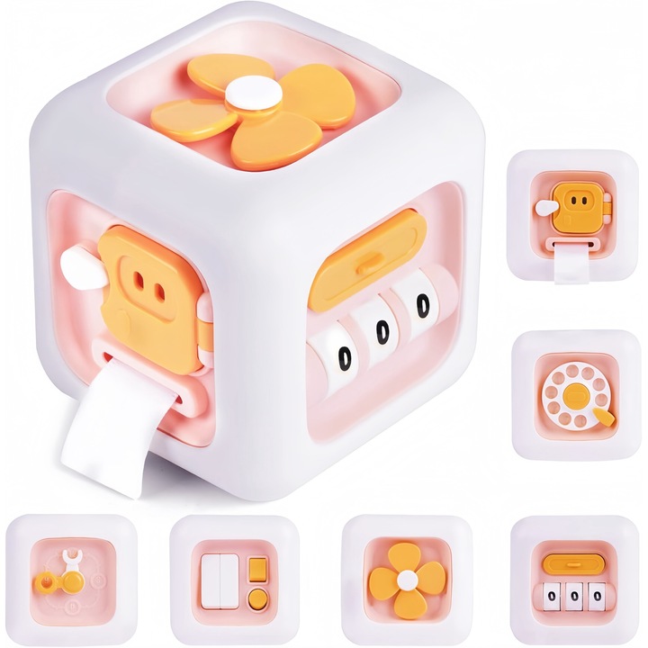 Jucarie tip cub interactiv，Wacorresi，Jucarie interactiva Cubul Multifunctional, educativa si senzoriala Montessori，6 in 1，Aajuta la dezvoltarea fortei mainilor si promoveaza dezvoltarea creierului, pentru bebelusi si copii 1/2/3 ani, 9x9x9cm, Verde, Roz