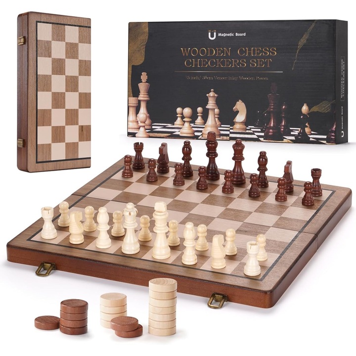 Дървен магнитен комплект за шах, LYCENXI, 39x39см, 24 части, 2 допълнителни дами, сгъваем, кафяв
