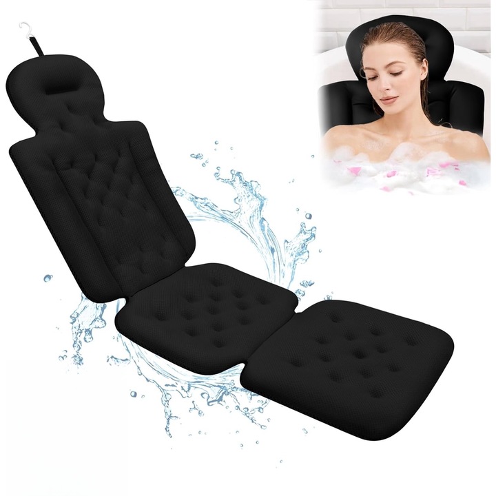 Perna de baie completa Wacorresi, cu suport pentru cap si spate, tehnologie 5D Air Mesh, cu ventuze anti-alunecare, neagra