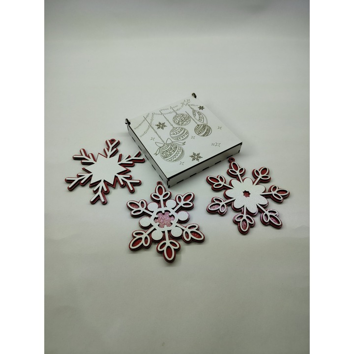 Set 3 Globuri Din Lemn Rosu+Alb Fulgi De Nea