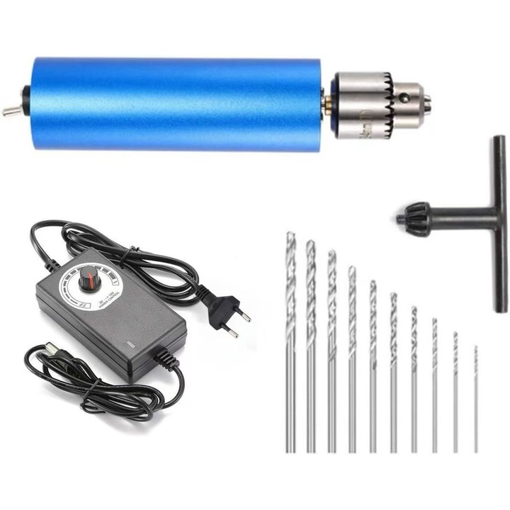 Freza Portabila Miniatura din Aluminiu de 0.3 mm - 4 mm, Freza de Mana DIY cu Alimentare Electrica de 5A si 10 bucati de Buze de Frezare Micro