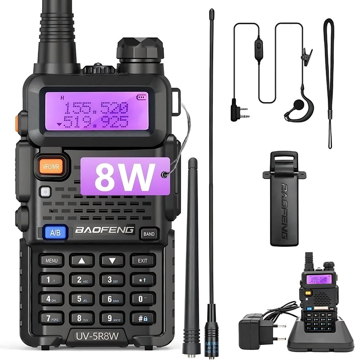 Statie radio portabila emisie receptie, Fudisenn®, UV-5R8W, baterie reincarcabila 2800 mAh, anticadere si rezistenta la socuri, cu casti + antena imbunatatita, camping in aer liber, negru