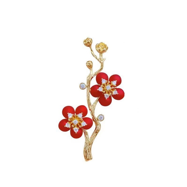 Brosa vintage, floare de prun, aliaj de zinc, 2.6cm*5.5cm, rosu